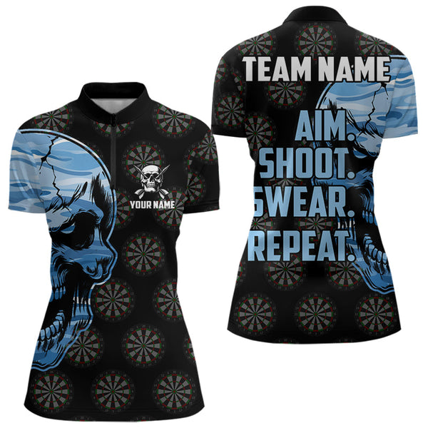 Funny Blue Camo Darts Skull Aim Shoot Swear Repeat Custom Dart Shirts For Women Darts Team Jerseys TDM3595