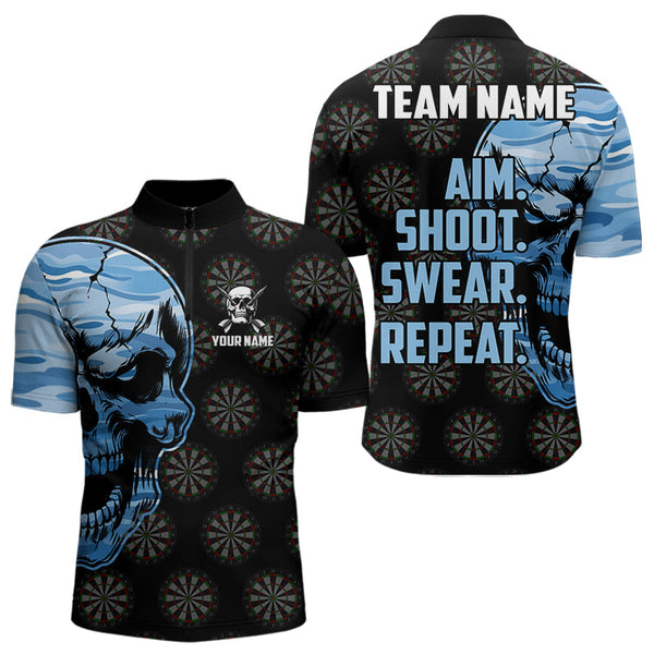 Funny Blue Camo Darts Skull Aim Shoot Swear Repeat Custom Dart Shirts For Men Darts Team Jerseys TDM3595