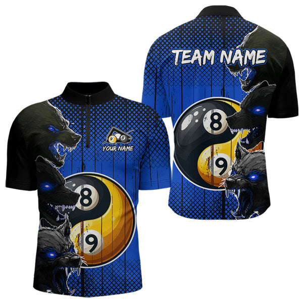 Funny Ying And Yang Eyes Of Wolf Billiard Shirts For Men Custom 8 & 9 Ball Billiard Jerseys | Blue TDM3597