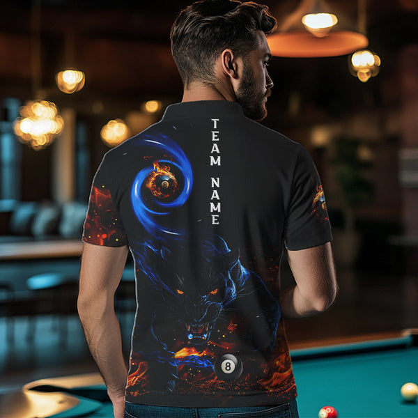 Personalized Orange And Blue Flaming 3D Panther Billiard Shirts For Men, Cool Team Billiard Jerseys TDM3599