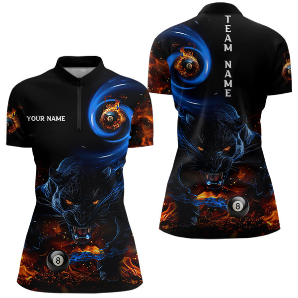 Personalized Orange And Blue Flaming 3D Panther Billiard Shirts For Women, Cool Team Billiard Jerseys TDM3599