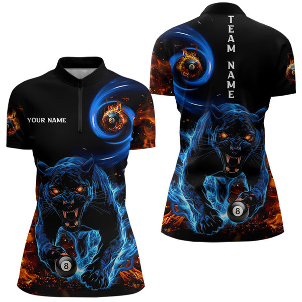 Personalized Orange And Blue Flaming 3D Panther Billiard Shirts For Women, Cool Team Billiard Jerseys TDM3600