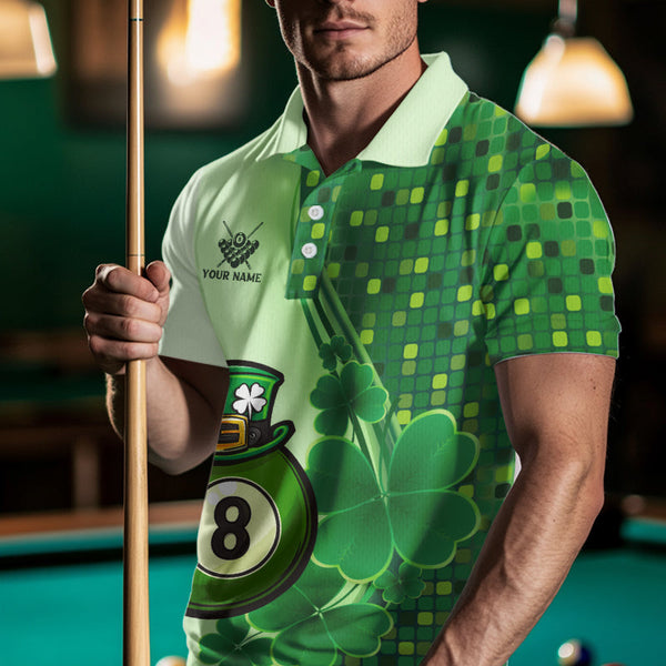 Personalized Saint Patrick Day 8 Ball Pool Billiard Shirts For Men, Green Shamrock Billiard Jerseys TDM3601