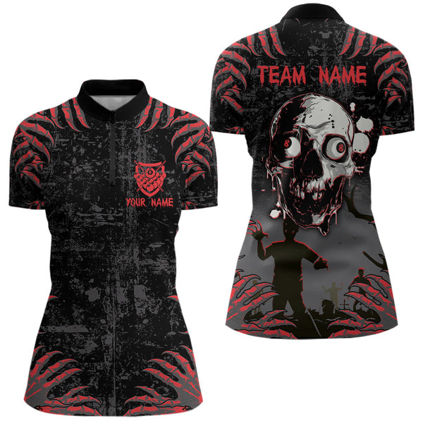 Funny Skull Claw Pattern Custom Women Billiard Shirts, Grunge Red Black Team Billiard Jerseys TDM3752