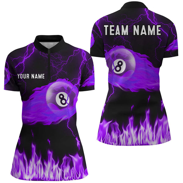 Personalized Purple 8 Ball Flame Thunder Lightning Billiard Shirts For Women, Pool Team League Shirts TDM2053