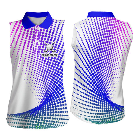 Personalized Blue Geometric Women Sleeveless Golf Polo Shirts Custom Ladies Golf Tops, Golfing Gifts TDM3258