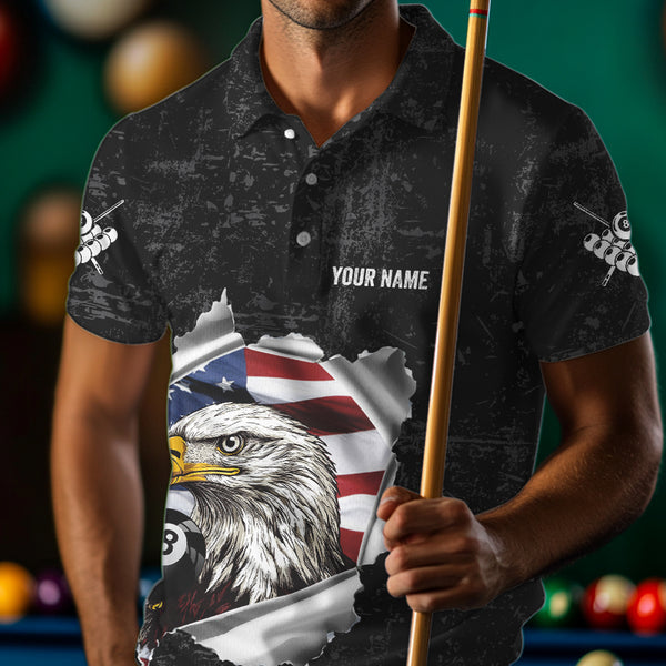 Personalized 8 Ball Pool Eagle US Flag Billiard Shirts For Men Custom Black Grunge Billiard Jerseys TDM3762