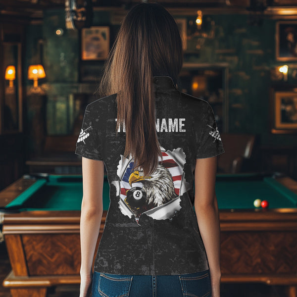 Personalized 8 Ball Pool Eagle US Flag Billiard Shirts For Women Custom Black Grunge Billiard Jerseys TDM3762