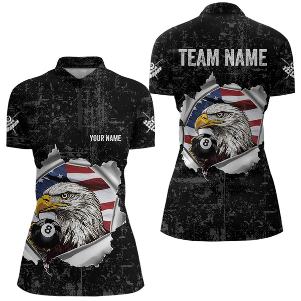 Personalized 8 Ball Pool Eagle US Flag Billiard Shirts For Women Custom Black Grunge Billiard Jerseys TDM3762