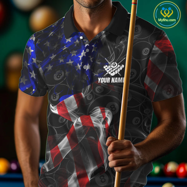 American Flag Smoke 8 Ball Billiard Shirts For Men Custom Patriotic Billiard Pool Team Jerseys TDM4028