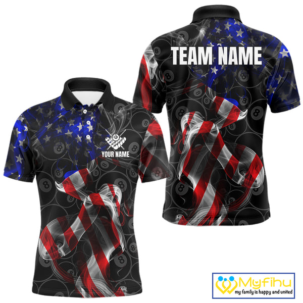 American Flag Smoke 8 Ball Billiard Shirts For Men Custom Patriotic Billiard Pool Team Jerseys TDM4028