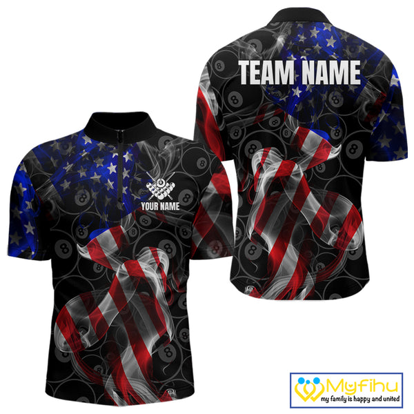 American Flag Smoke 8 Ball Billiard Shirts For Men Custom Patriotic Billiard Pool Team Jerseys TDM4028