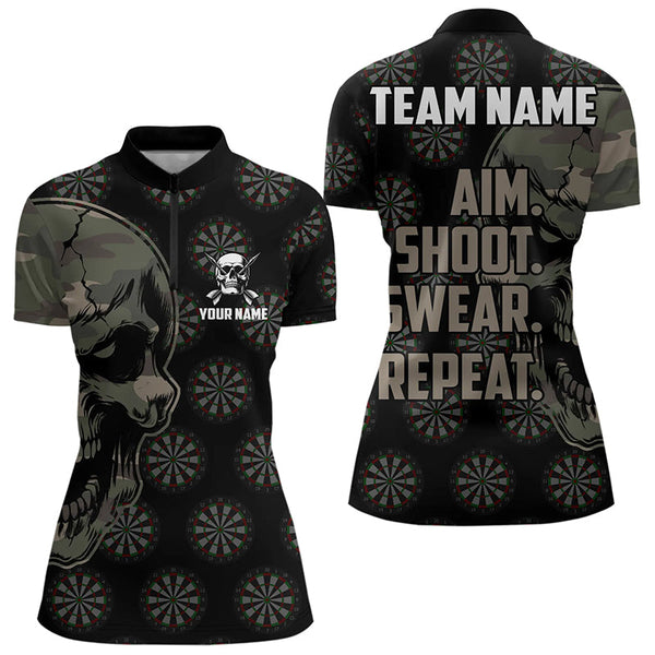 Funny Camo Darts Skull Aim Shoot Swear Repeat Custom Dart Shirts For Women, Vintage Dart Team Jerseys TDM3266
