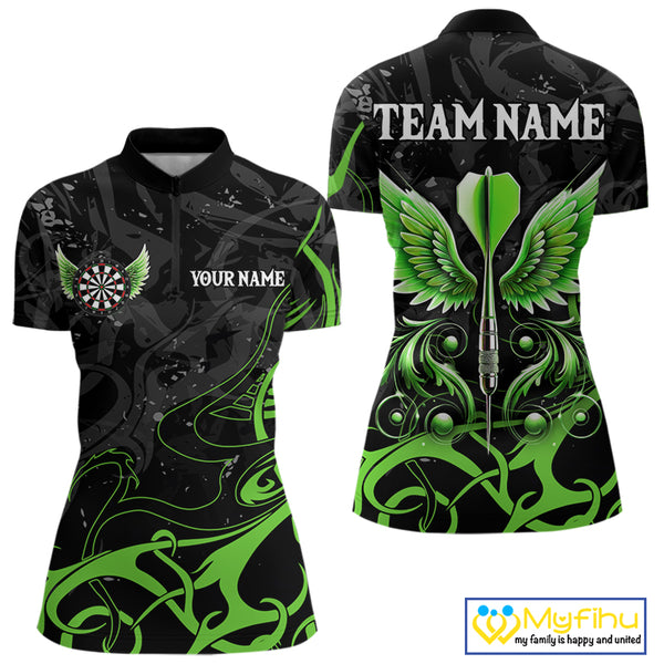 Black Green Custom Wings Darts Shirts For Women, Darts Jersey Pocket Option TDM4041