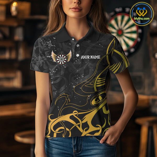 Yellow Black Custom Wings Darts Shirts For Women, Darts Jersey Pocket Option TDM4042