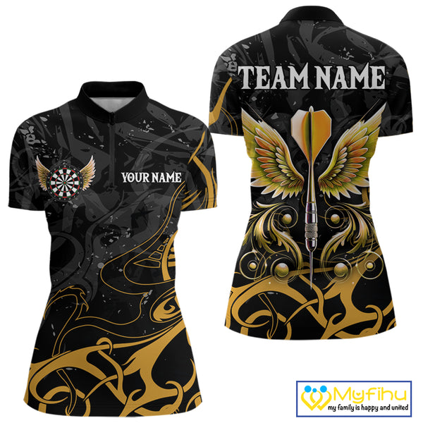 Yellow Black Custom Wings Darts Shirts For Women, Darts Jersey Pocket Option TDM4042
