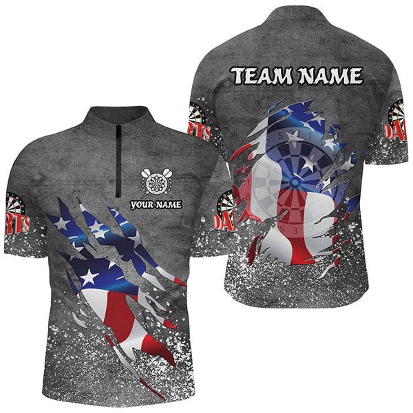 Personalized Grey Grunge American Flag Darts Shirts For Men Custom Patriotic Darts Team Jerseys TDM2282