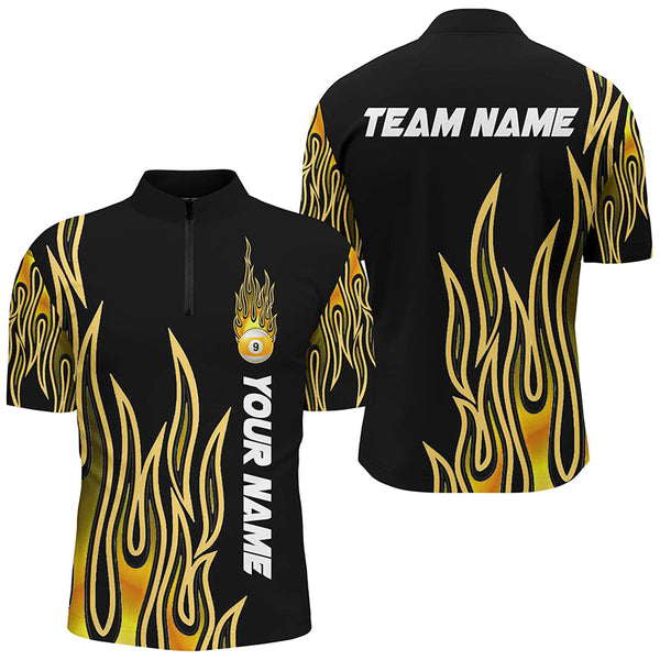Fire Flame Yellow 9 Ball Pool Custom Black Billiard Shirts For Men, Best 9 Ball Jerseys Apparel TDM2288