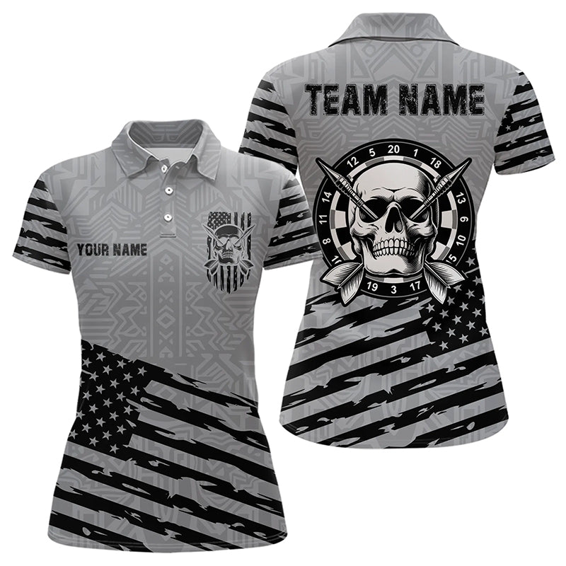 Personalized Grey US Flag Skull Dart Shirts For Women Custom Patriotic Cool Dart Team Jerseys TDM3274