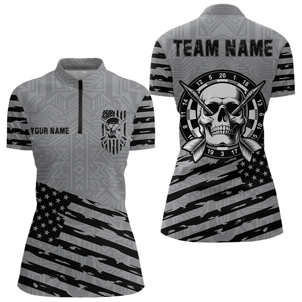 Personalized Grey US Flag Skull Dart Shirts For Women Custom Patriotic Cool Dart Team Jerseys TDM3274