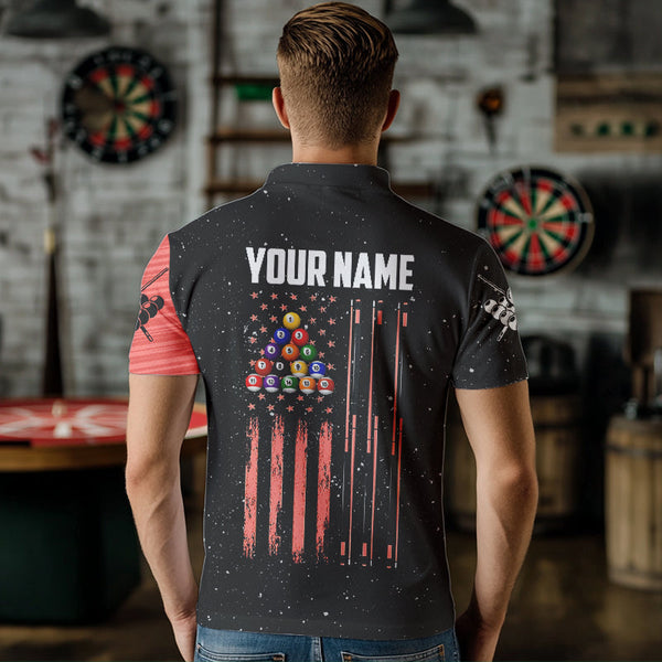 Customized Grunge American Flag 8 Ball Pool Men Billiard Polo Shirts, Pool Player Shirts |Red TDM1114