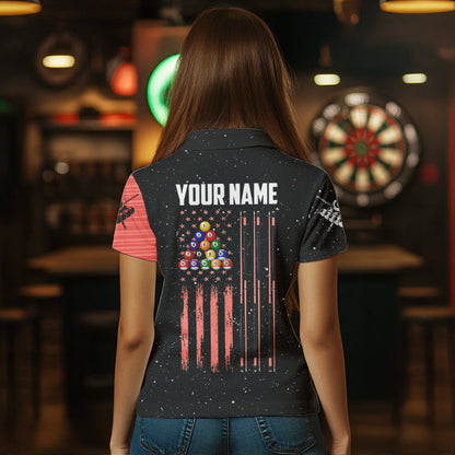 Customized Grunge American Flag 8 Ball Pool Women Billiard Polo Shirts, Pool Player Shirts |Red TDM1114