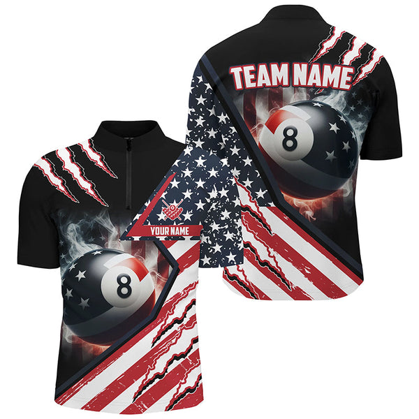 Personalized 8 Ball Pool US Flag Smoke Billiard Shirts For Men, Patriotic Billiard Jerseys Attire TDM1869