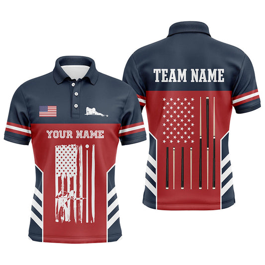 Billiard American Flag Red Navy Custom Polo Shirts For Men, Personalized Unique Billiard Jerseys TDM0188
