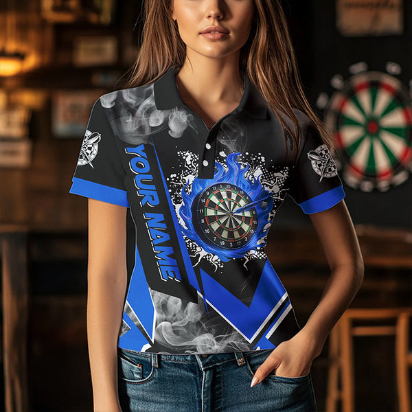 Personalized Dartboard Fire Flame Smoke Custom Dart Shirts For Women, Darts Team Jerseys | Blue TDM2811