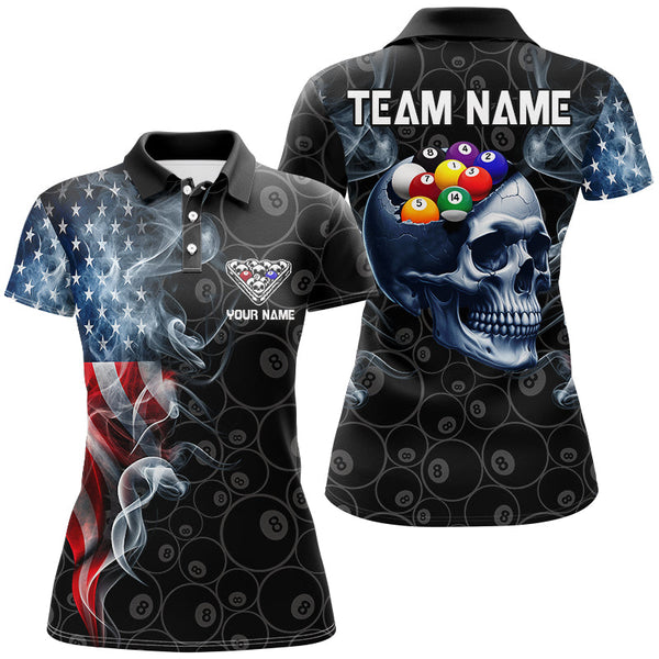 Skull Billiard Balls Custom American Flag Smoke Pool Shirts For Women, Patriotic Billiard Team Jersey TDM2814