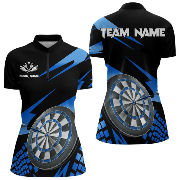 Blue Black Custom Dart Shirts For Women, Personalized 3D Darts Board Dart Jerseys Polo & 1/4 Zip TDM3286