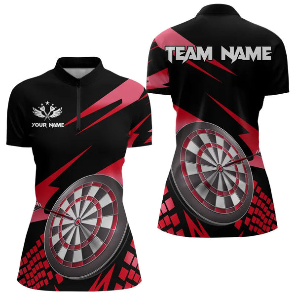 Red Black Custom Dart Shirts For Women, Personalized 3D Darts Board Dart Jerseys Polo & 1/4 Zip TDM3287