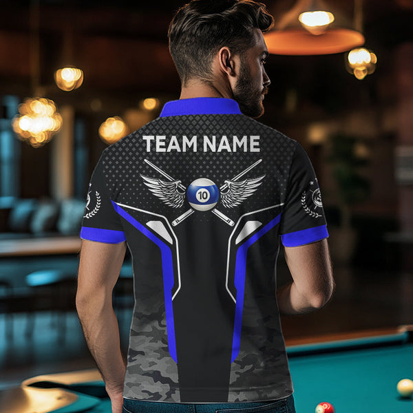 Black And Blue 10 Ball Pool Wings Custom Camo Billiard Shirt For Men, 10 Ball Billiard Team Jerseys TDM3485