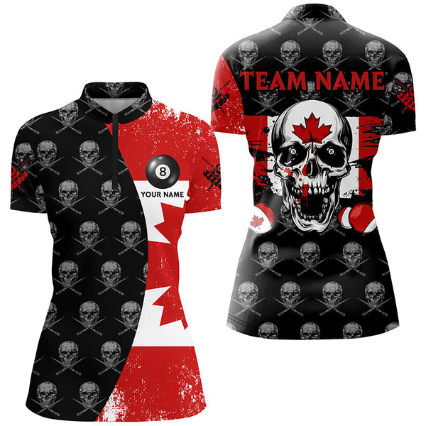 Grunge Canada Flag Custom Skull Pattern Billiard Shirts For Women, Patriotic Unique Billiard Jerseys TDM2086