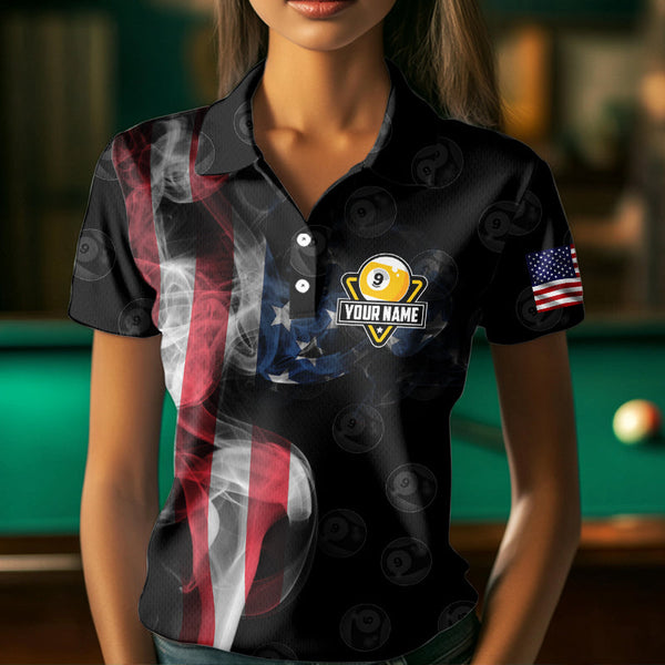 Personalized Vintage Smoke US Flag Billiard Shirts For Women, 9 Ball Pool Patriotic Billiard Jerseys TDM3633