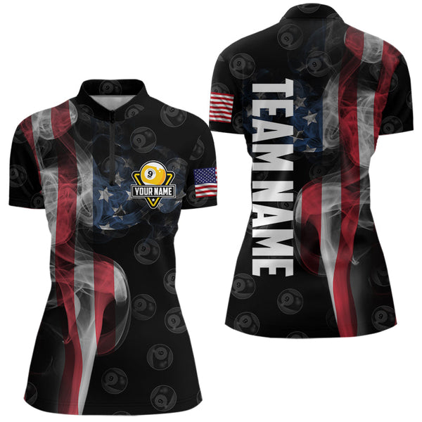 Personalized Vintage Smoke US Flag Billiard Shirts For Women, 9 Ball Pool Patriotic Billiard Jerseys TDM3633