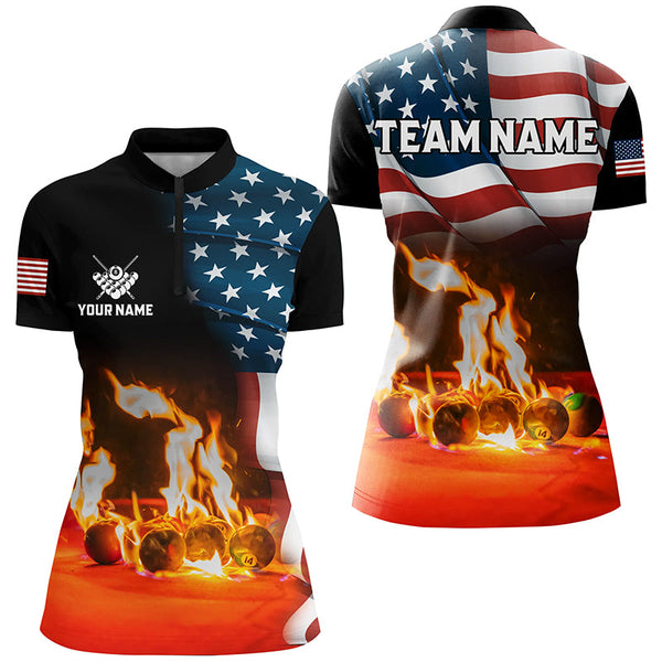 Personalized Billiard Balls Fire American Flag 3D Shirts For Women Custom Patriotic Billiard Apparel TDM2093