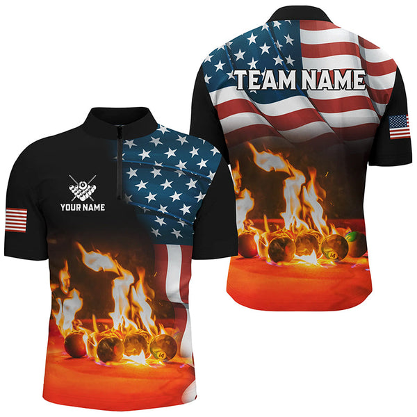 Personalized Billiard Balls Fire American Flag 3D Shirts For Men Custom Patriotic Billiard Apparel TDM2093