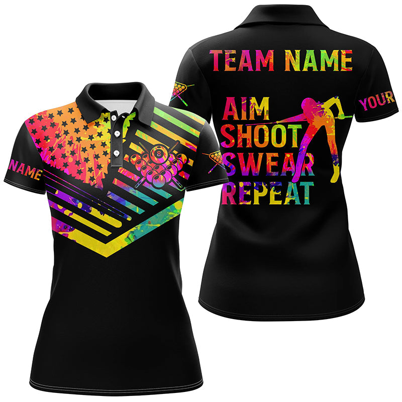Billiard Aim Shoot Swear Repeat Custom 3D Black Multicolor Women Polo Shirts, Billiard Shirts Funny TDM0626