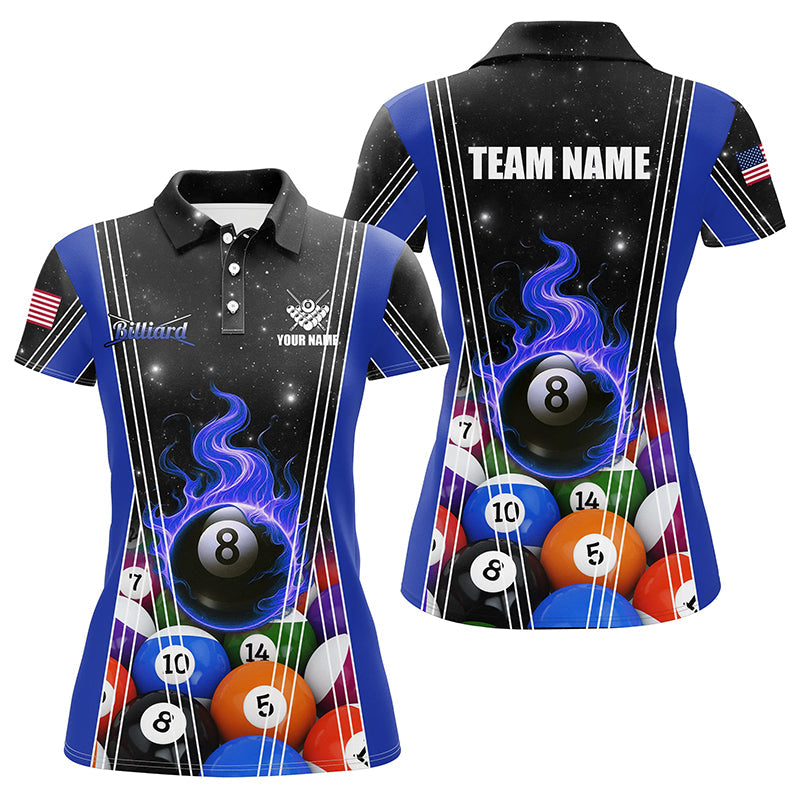 Personalized Blue 8 Ball Pool Fire Flame Billiard Balls Women Polo Shirt Custom Billiard Team Jerseys TDM1313