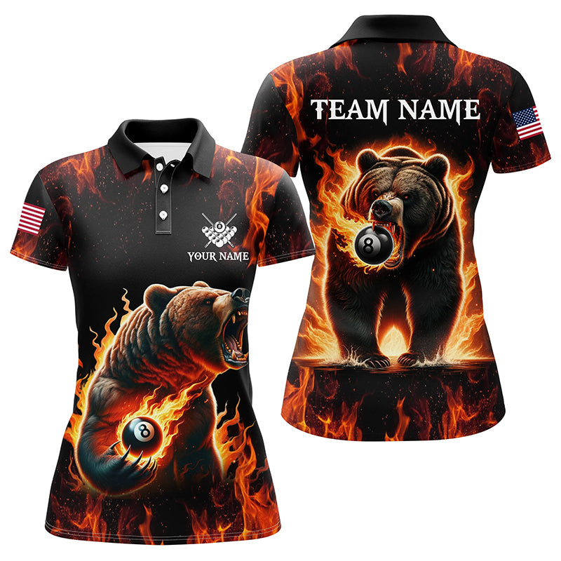 Personalized Funny Bear And 8 Ball Pool Fire Flame Women Billiard Polo Shirts, Unique Billiard Attire TDM1315