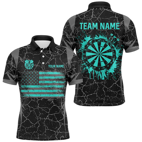 Personalized Turquoise Retro US Flag Patriotic Men Dart Shirts, Crack Pattern Grunge Dart Jerseys TDM2597