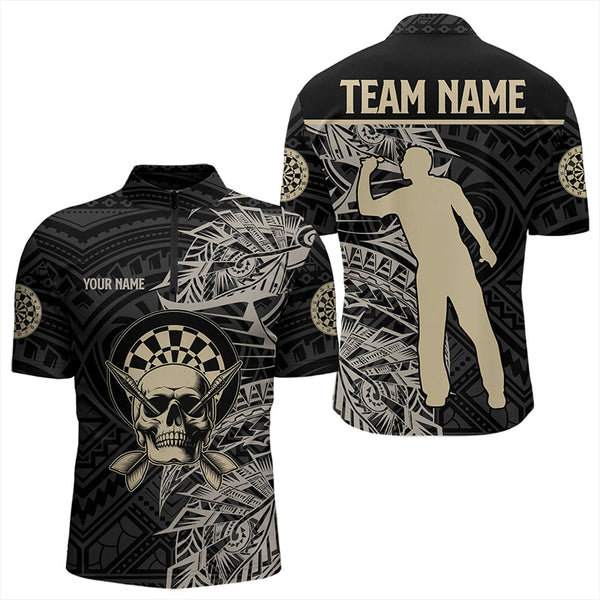 Gold And Black Tribal Pattern Custom Dart Shirts For Men, Skull Darts Team Shirts Dart Jerseys TDM3318