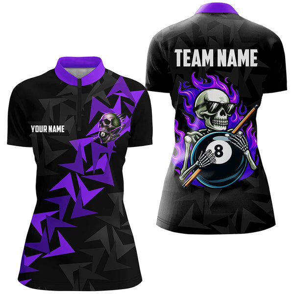 Funny Skeleton With 8 Ball Pool Custom Women Billiard Shirts, Cool Purple Billiard Jerseys Shirts TDM1903