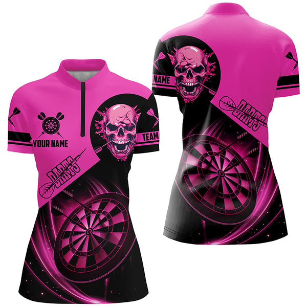 Custom Darts Shirts For Women, Personalized Skull Darts Team Jerseys Dartboard Shirts | Pink TDM2109