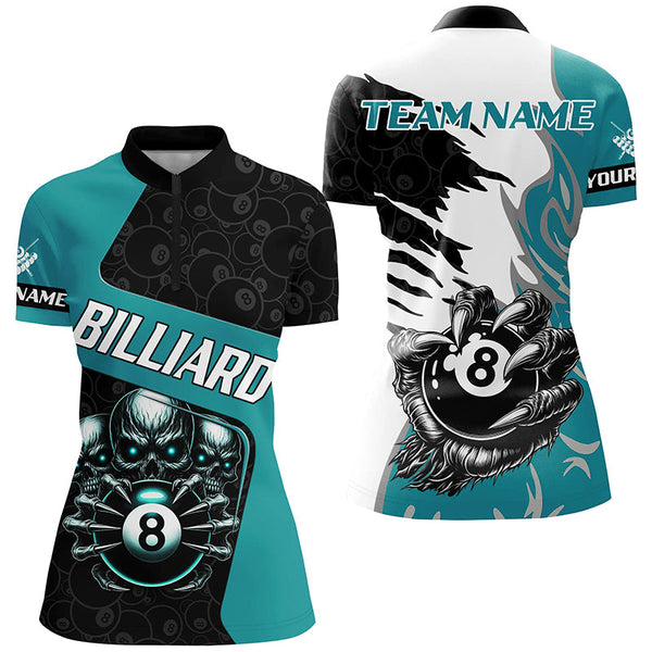 Personalized Skull Sharp Claws Billiard Shirts For Women, 8 Ball Pool Team Jerseys Shirts |Turquoise TDM2349