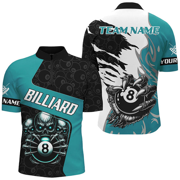 Personalized Skull Sharp Claws Billiard Shirts For Men, 8 Ball Pool Team Jerseys Shirts |Turquoise TDM2349