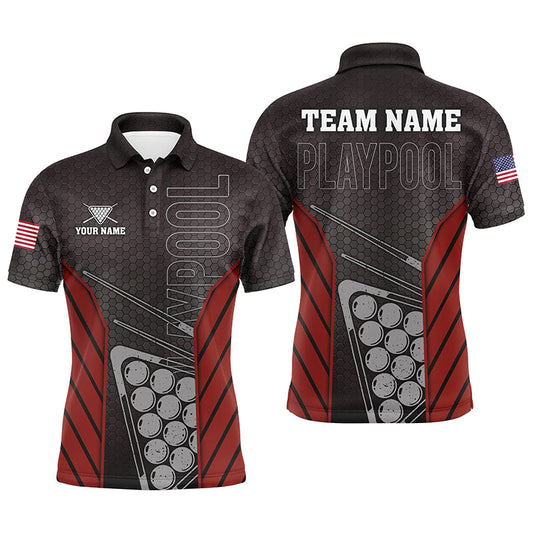 Black Red Billiard Play Pool Custom Name Polo Shirts For Men, Personalized Pool Player Gifts TDM0216