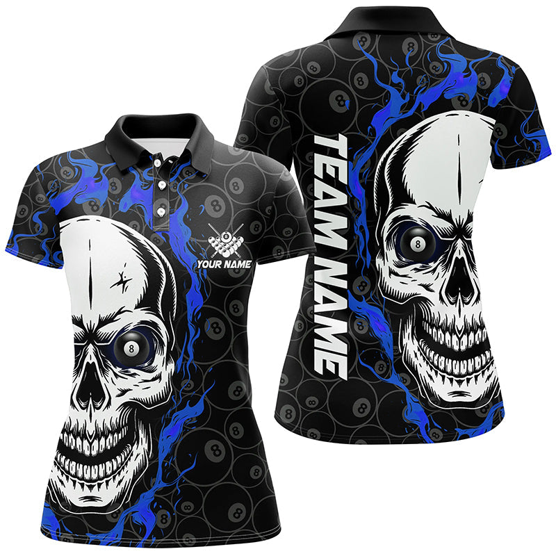 Personalized Blue Flame Skull Billiard Polo Shirts For Women Custom Team Name Billiard Jerseys TDM0629