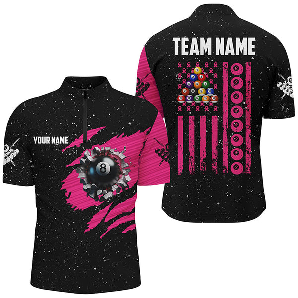 Breast Cancer American Flag Custom Pink And Black Men Billiard Shirts, Patriotic Billiard Jerseys TDM2360